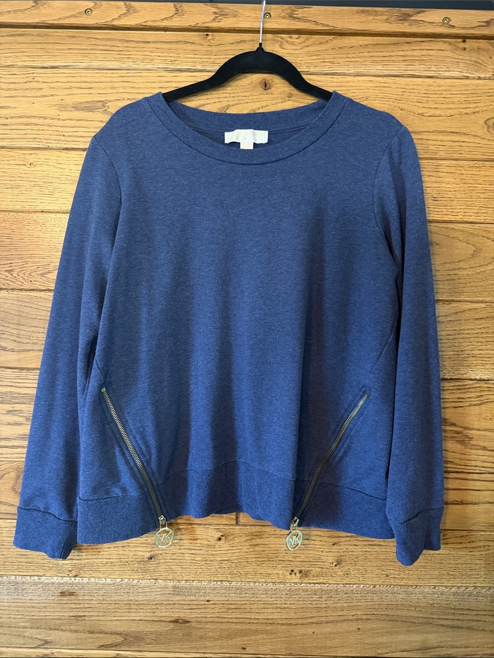 Michael Kors Navy Blue Crewneck Sweatshirt with Diagonal Zip Accents